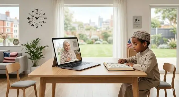 Female Quran teacher guiding a young girl through Quran recitation