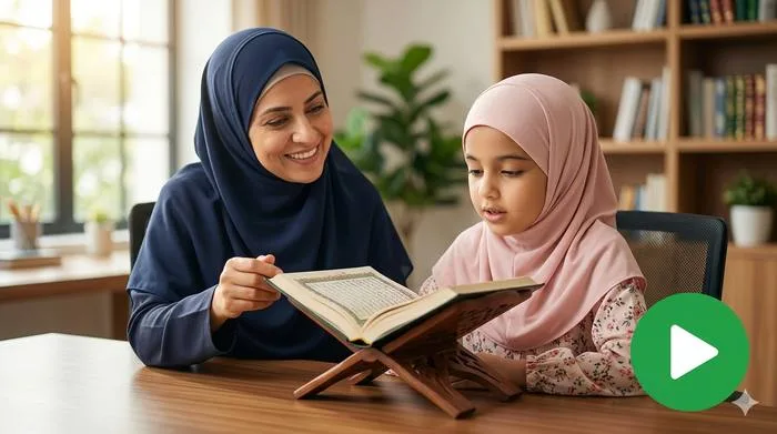 Young girl in live online Quran class for kids with certified female teacher via video call